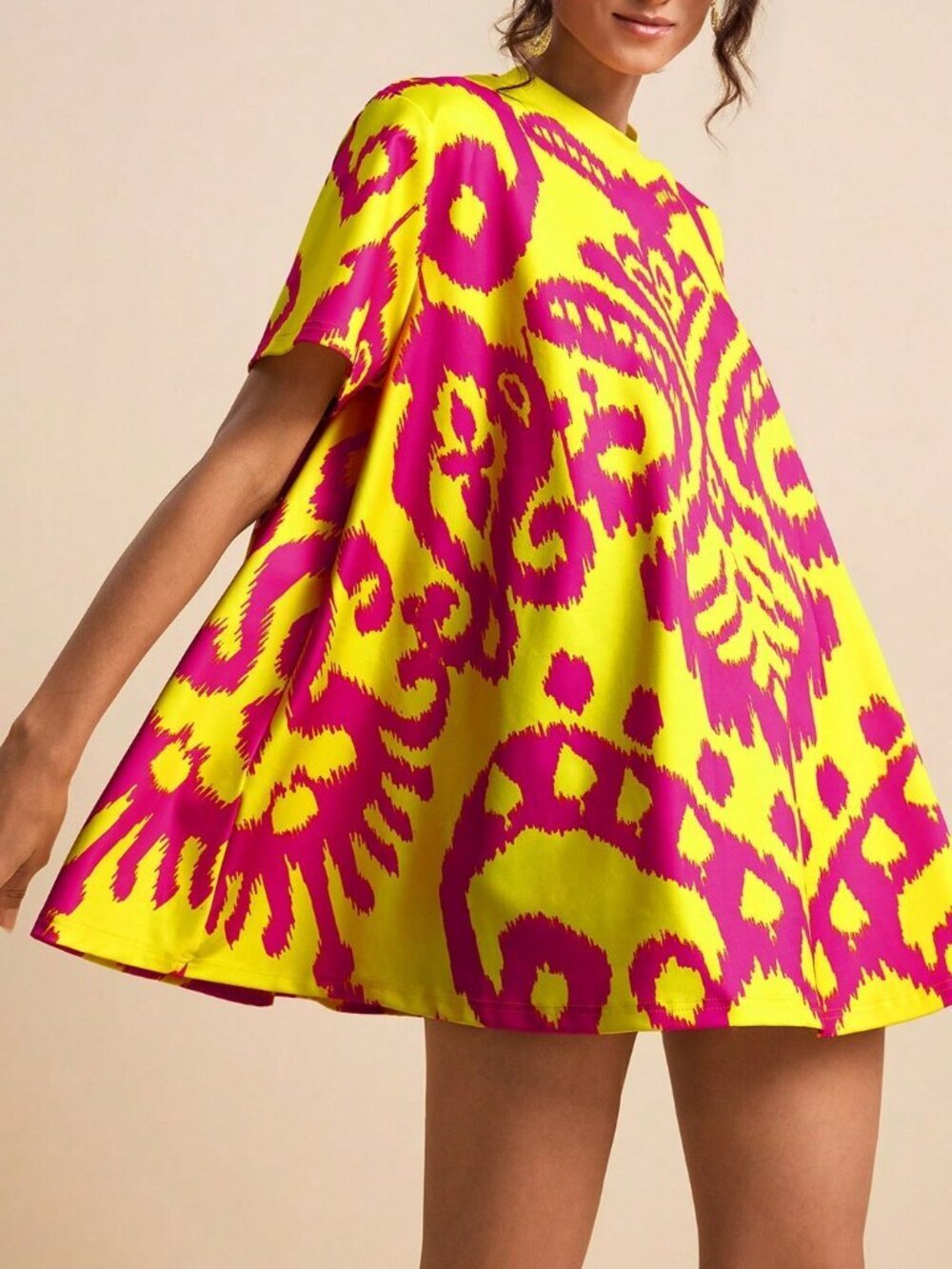 Yellow Cute Women's Vacation Round Neck Short Sleeve Print Top
